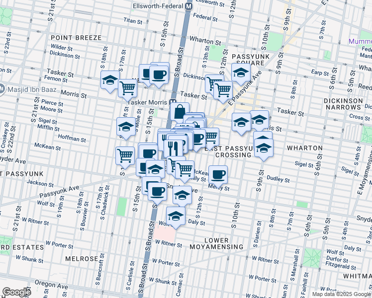 map of restaurants, bars, coffee shops, grocery stores, and more near 1326 Sigel Street in Philadelphia