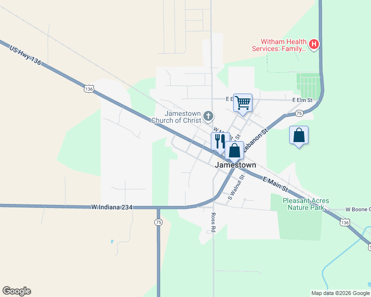 map of restaurants, bars, coffee shops, grocery stores, and more near 141 West Main Street in Jamestown