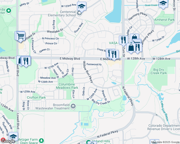 map of restaurants, bars, coffee shops, grocery stores, and more near 2752 Dharma Avenue in Broomfield