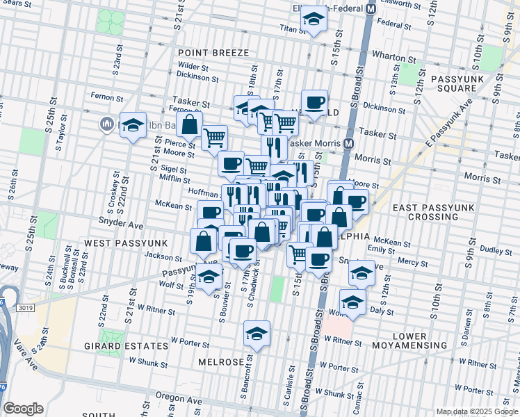map of restaurants, bars, coffee shops, grocery stores, and more near 1929 South 17th Street in Philadelphia