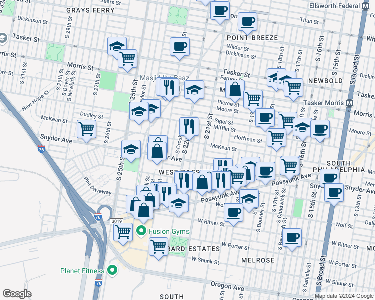 map of restaurants, bars, coffee shops, grocery stores, and more near 2021 South 22nd Street in Philadelphia