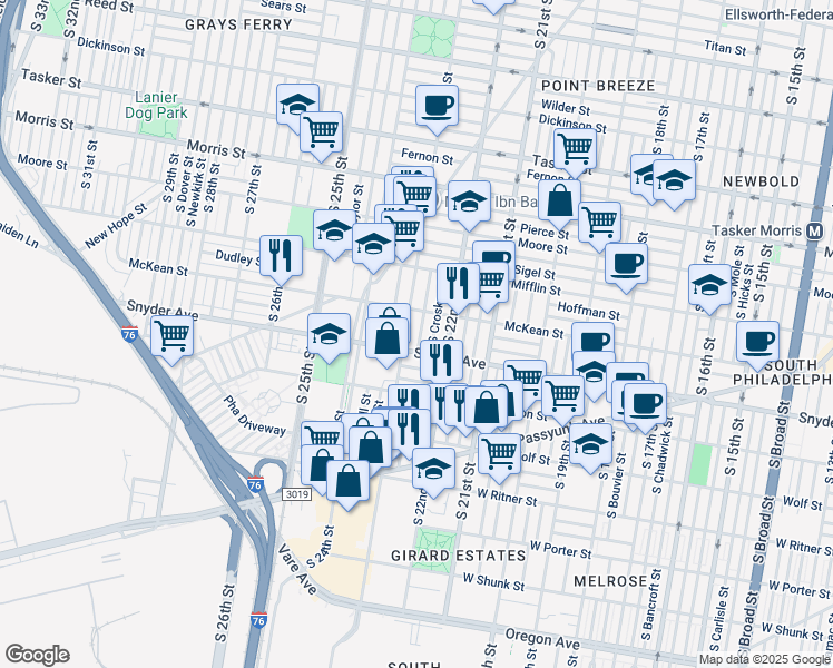 map of restaurants, bars, coffee shops, grocery stores, and more near 2030 South Hemberger Street in Philadelphia