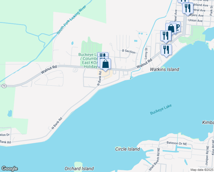 map of restaurants, bars, coffee shops, grocery stores, and more near 4525 West North Bank Road in Buckeye Lake