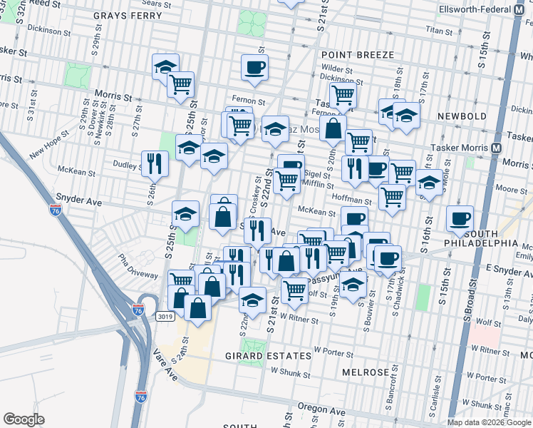 map of restaurants, bars, coffee shops, grocery stores, and more near 2013 South Croskey Street in Philadelphia