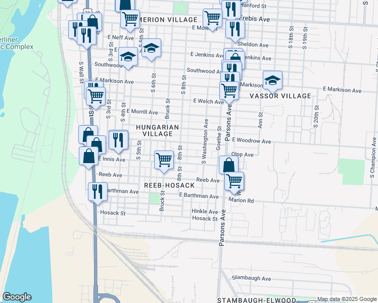 map of restaurants, bars, coffee shops, grocery stores, and more near 299 East Woodrow Avenue in Columbus