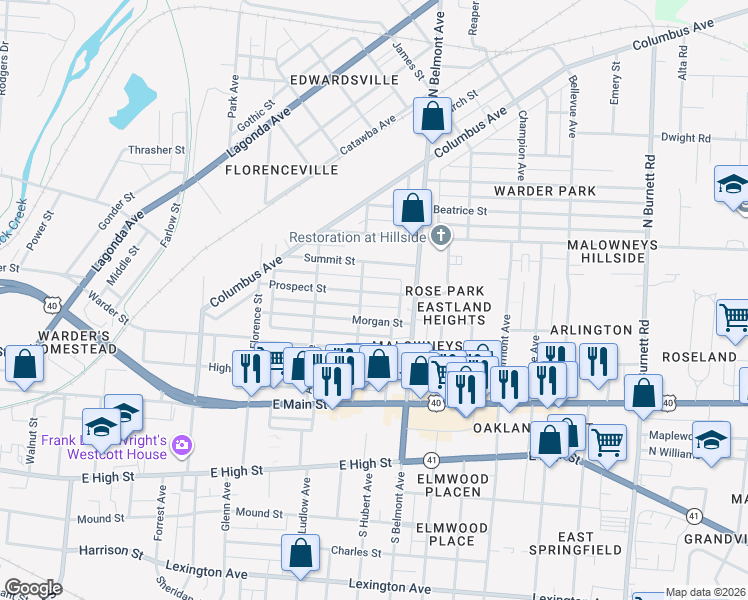 map of restaurants, bars, coffee shops, grocery stores, and more near 1815 Prospect St in Springfield