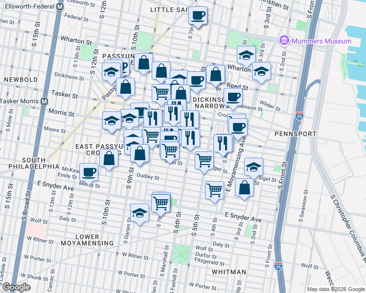 map of restaurants, bars, coffee shops, grocery stores, and more near 602 Watkins Street in Philadelphia
