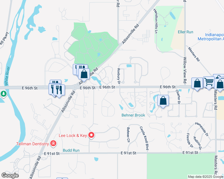 map of restaurants, bars, coffee shops, grocery stores, and more near 6100 East 96th Street in Indianapolis