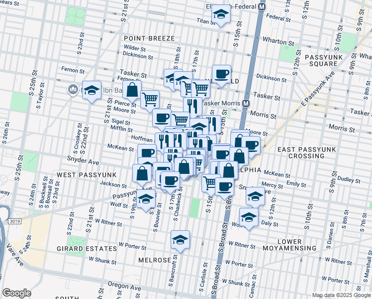 map of restaurants, bars, coffee shops, grocery stores, and more near 1928 South Chadwick Street in Philadelphia