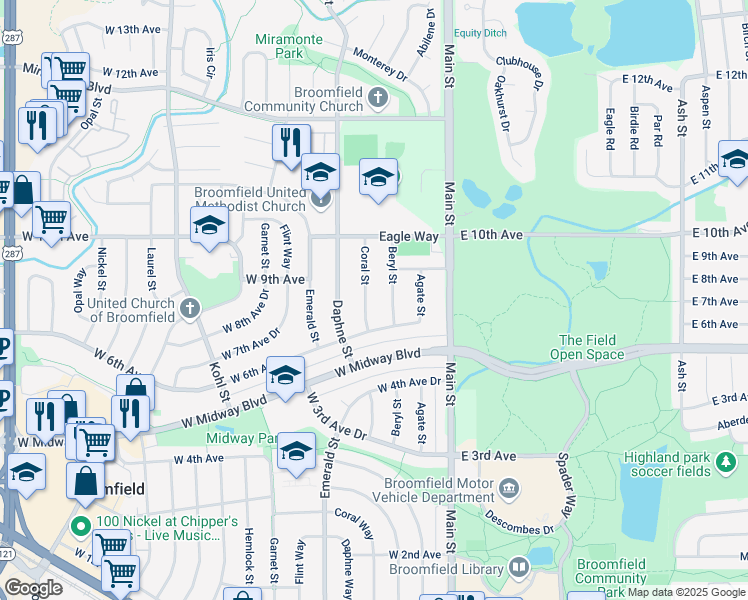 map of restaurants, bars, coffee shops, grocery stores, and more near 800 Coral Street in Broomfield
