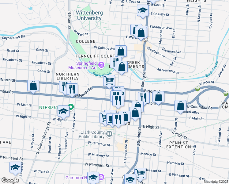 map of restaurants, bars, coffee shops, grocery stores, and more near 101-199 Fisher Street in Springfield