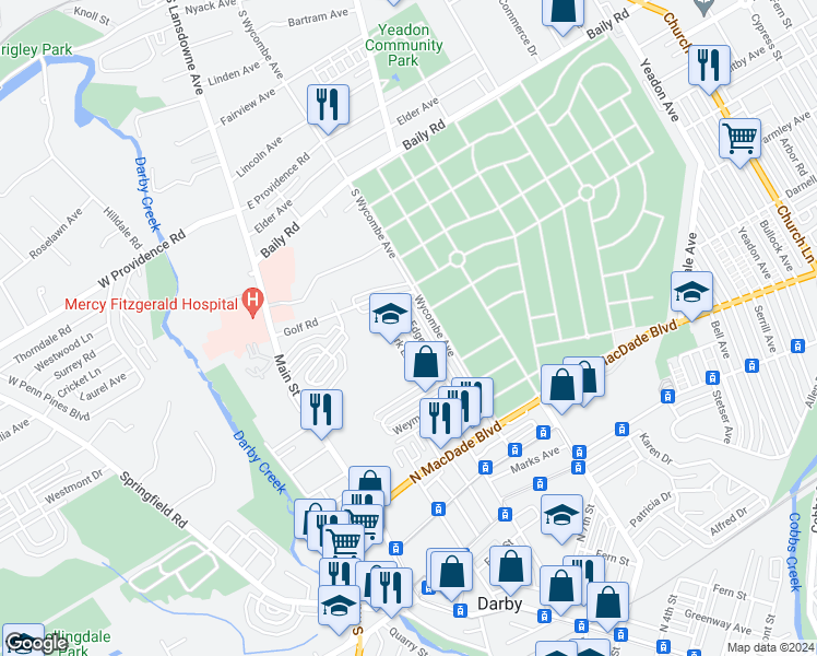 map of restaurants, bars, coffee shops, grocery stores, and more near 1346 Edgehill Road in Darby