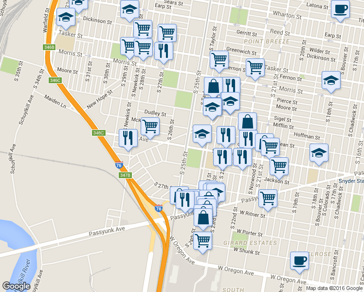 map of restaurants, bars, coffee shops, grocery stores, and more near 2520 Snyder Avenue in Philadelphia