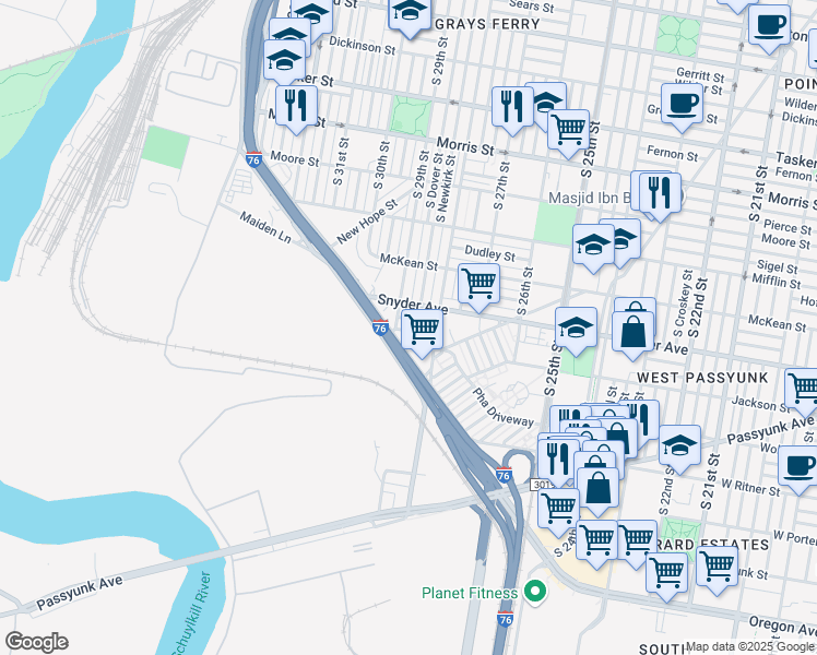 map of restaurants, bars, coffee shops, grocery stores, and more near 2839 Winton Street in Philadelphia