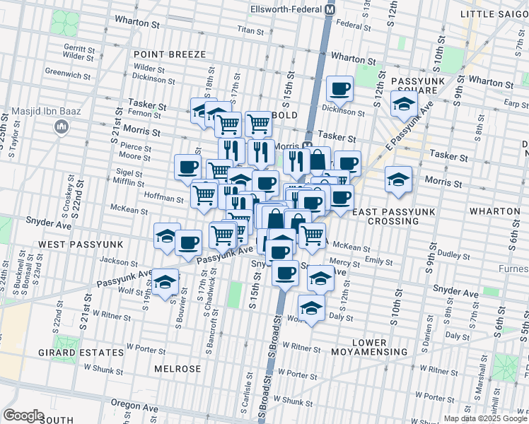map of restaurants, bars, coffee shops, grocery stores, and more near 1910 South 15th Street in Philadelphia
