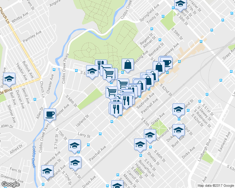 map of restaurants, bars, coffee shops, grocery stores, and more near 2036 South 65th Street in Philadelphia