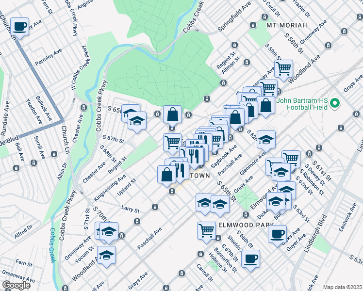 map of restaurants, bars, coffee shops, grocery stores, and more near 2036 South 65th Street in Philadelphia