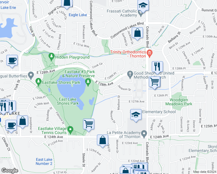 map of restaurants, bars, coffee shops, grocery stores, and more near 3735 East 127th Way in Thornton