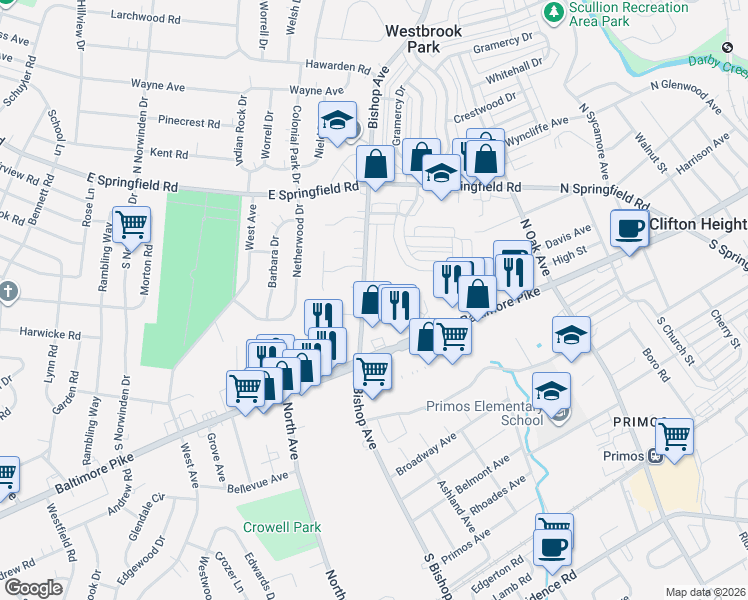 map of restaurants, bars, coffee shops, grocery stores, and more near 5366 Delmar Road in Clifton Heights