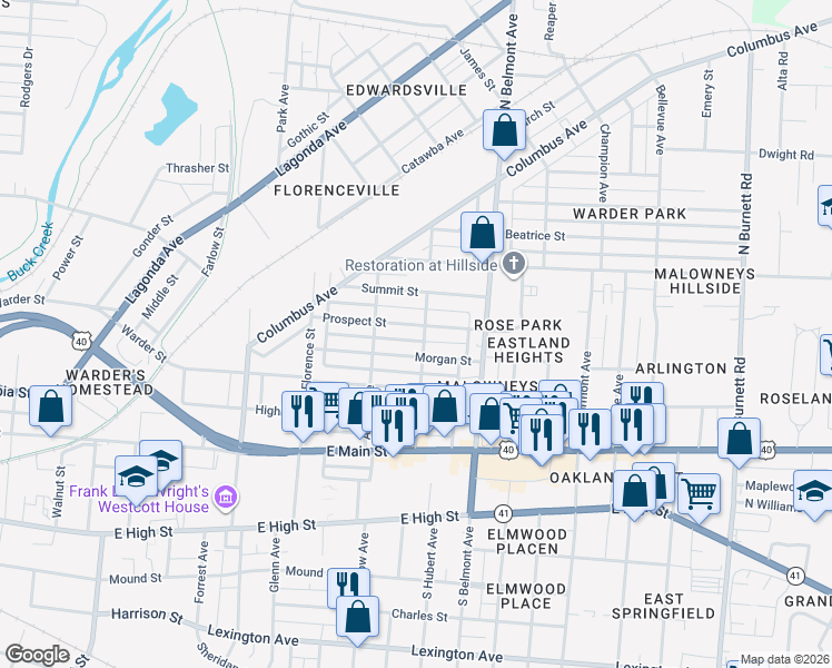 map of restaurants, bars, coffee shops, grocery stores, and more near 1709 Prospect Street in Springfield