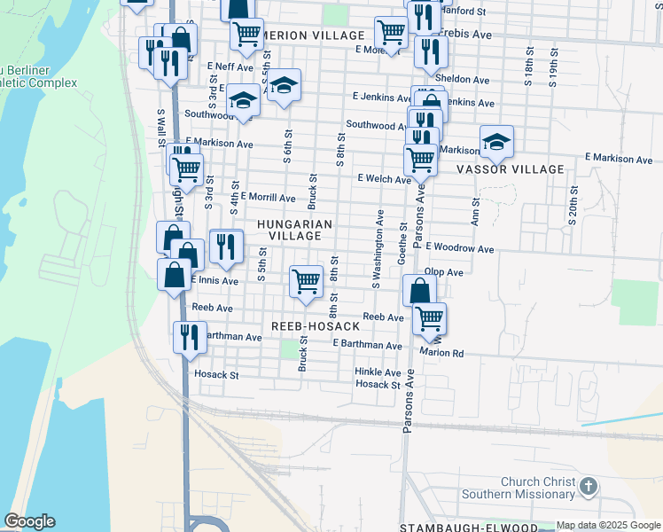 map of restaurants, bars, coffee shops, grocery stores, and more near 1763 South 8th Street in Columbus