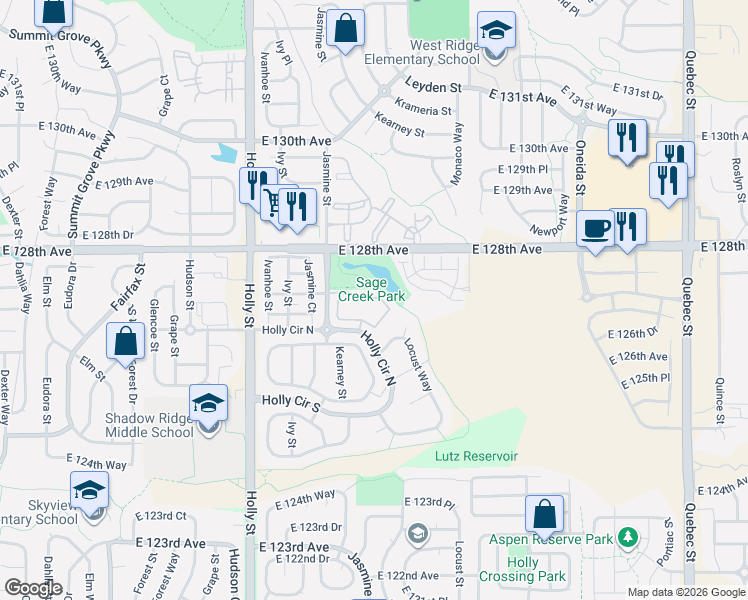 map of restaurants, bars, coffee shops, grocery stores, and more near 12760 Jasmine Street in Thornton