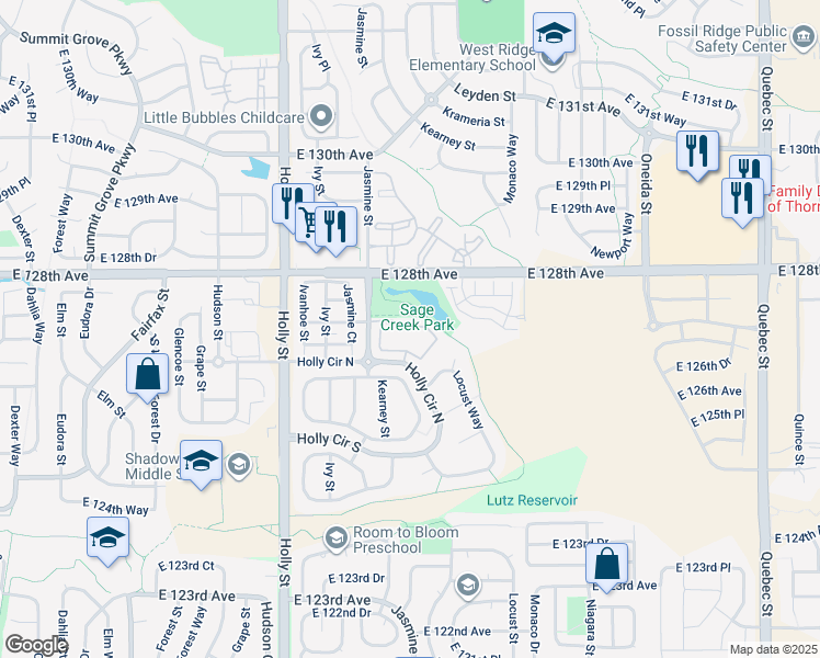 map of restaurants, bars, coffee shops, grocery stores, and more near 12740 Jasmine Street in Thornton