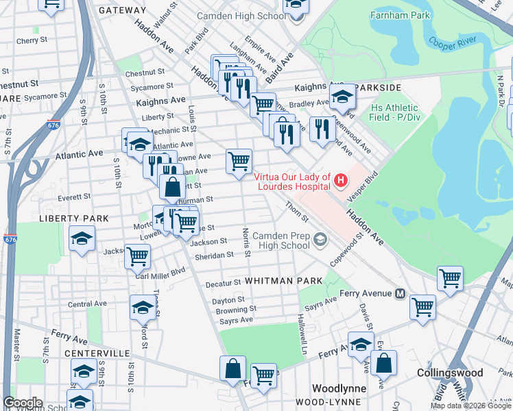 map of restaurants, bars, coffee shops, grocery stores, and more near 1340 Thurman Street in Camden