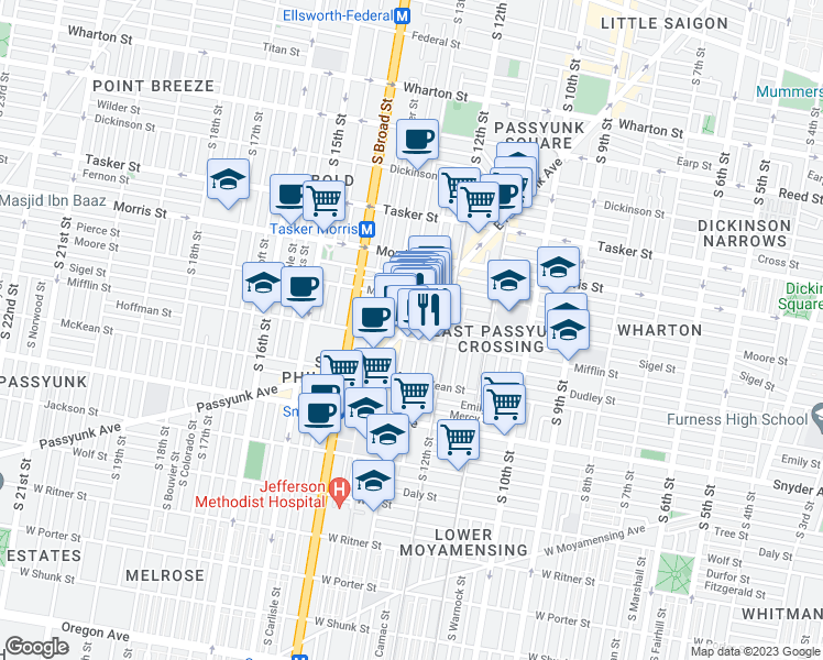 map of restaurants, bars, coffee shops, grocery stores, and more near 1831 East Passyunk Avenue in Philadelphia