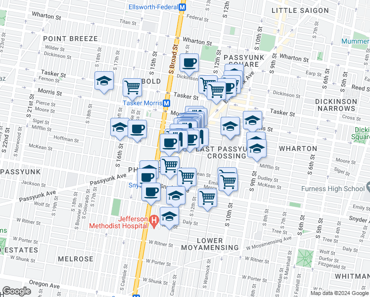 map of restaurants, bars, coffee shops, grocery stores, and more near 1831 East Passyunk Avenue in Philadelphia