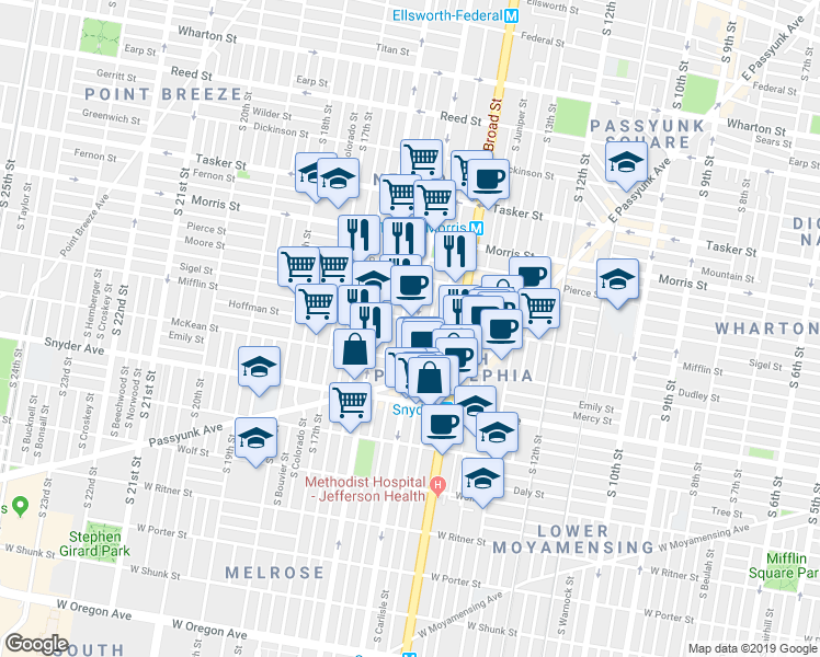 map of restaurants, bars, coffee shops, grocery stores, and more near 1900 South 15th Street in Philadelphia