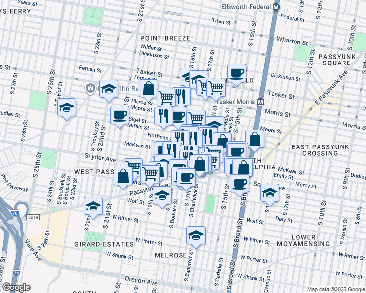 map of restaurants, bars, coffee shops, grocery stores, and more near 1934 South Bouvier Street in Philadelphia