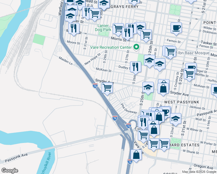 map of restaurants, bars, coffee shops, grocery stores, and more near 2829 Cantrell Street in Philadelphia