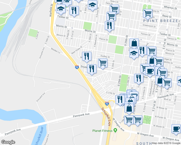 map of restaurants, bars, coffee shops, grocery stores, and more near 2829 Cantrell Street in Philadelphia