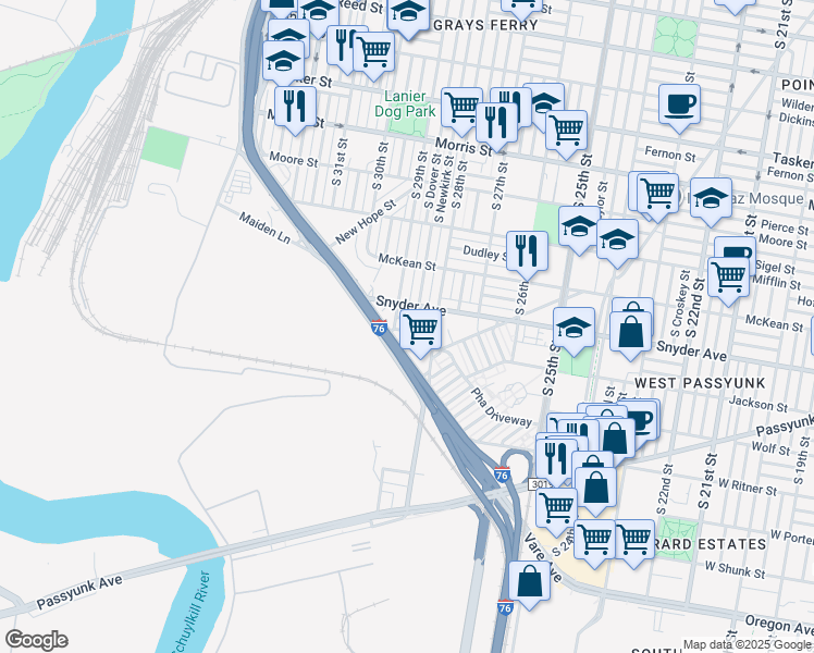 map of restaurants, bars, coffee shops, grocery stores, and more near 2829 Cantrell Street in Philadelphia