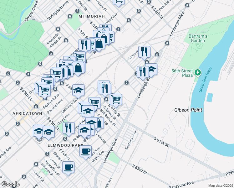 map of restaurants, bars, coffee shops, grocery stores, and more near 6001 Elmwood Avenue in Philadelphia