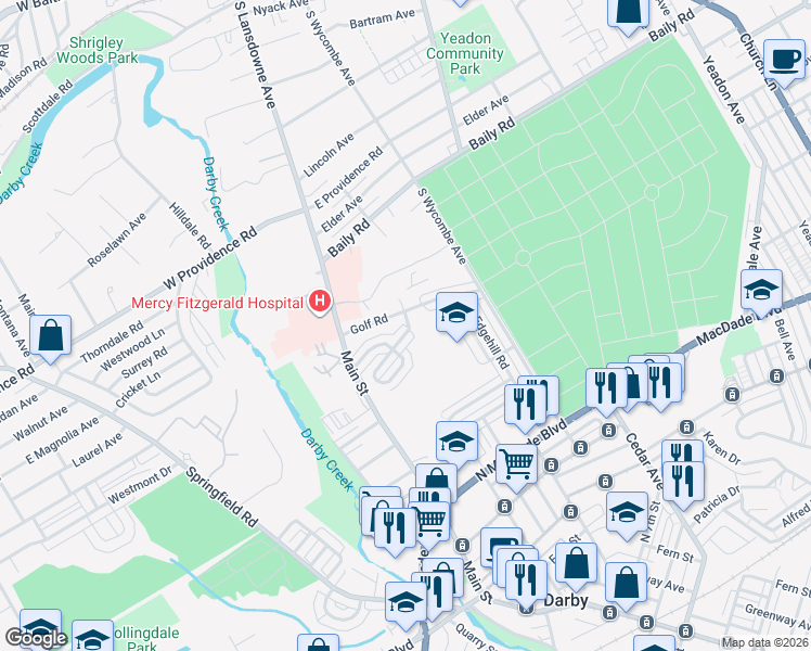 map of restaurants, bars, coffee shops, grocery stores, and more near 28 Golf Road in Darby
