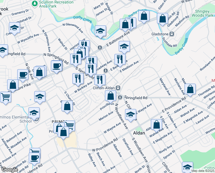 map of restaurants, bars, coffee shops, grocery stores, and more near 344 South Springfield Road in Clifton Heights