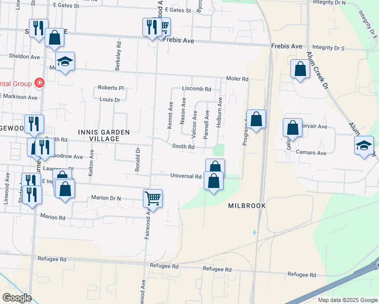 map of restaurants, bars, coffee shops, grocery stores, and more near 1595 Smith Road in Columbus