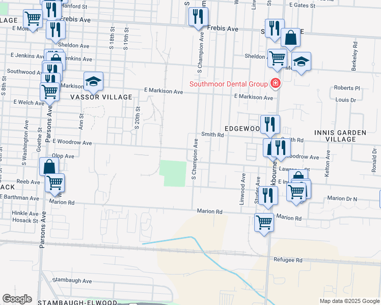 map of restaurants, bars, coffee shops, grocery stores, and more near 850 East Woodrow Avenue in Columbus
