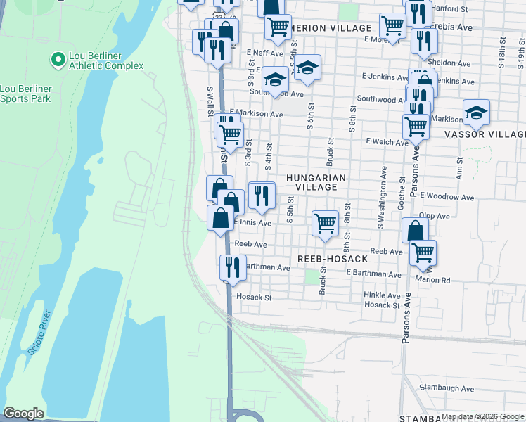 map of restaurants, bars, coffee shops, grocery stores, and more near 1725 South 4th Street in Columbus