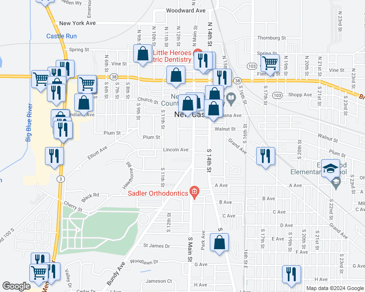 map of restaurants, bars, coffee shops, grocery stores, and more near 533 S Main St in New Castle