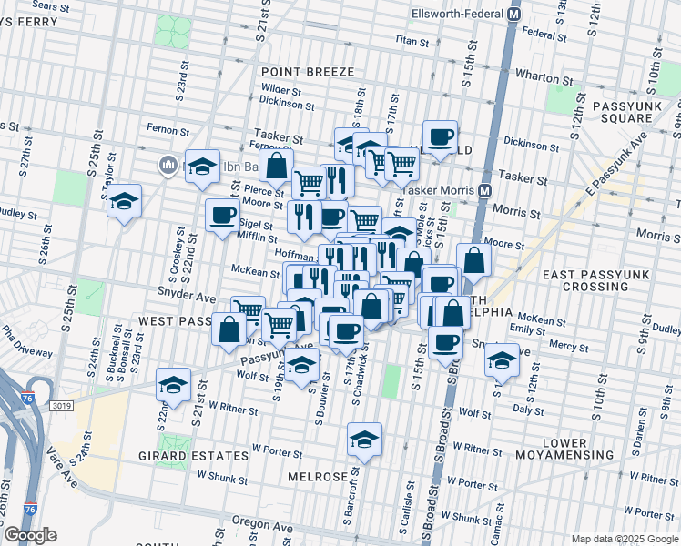 map of restaurants, bars, coffee shops, grocery stores, and more near 1934 South Bouvier Street in Philadelphia
