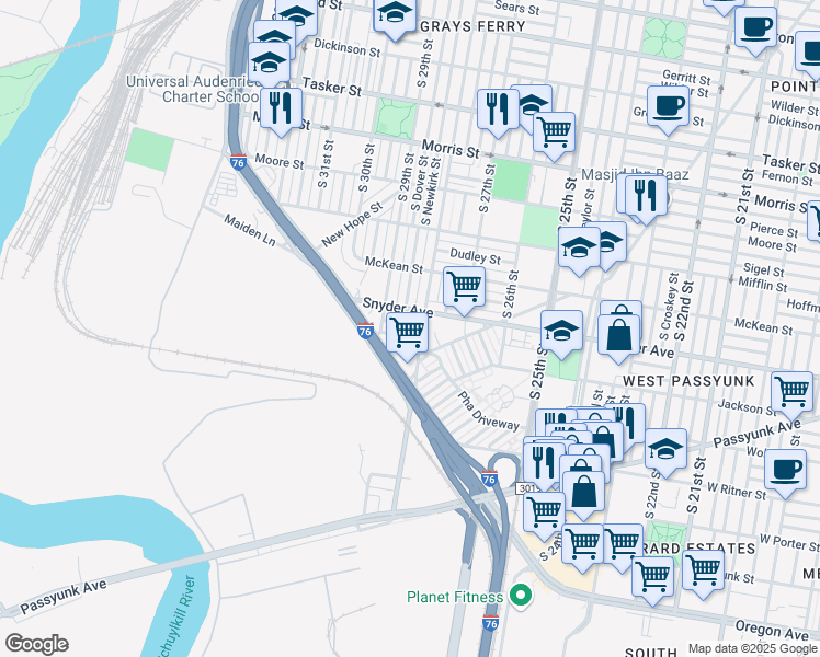 map of restaurants, bars, coffee shops, grocery stores, and more near 2814 Cantrell Street in Philadelphia