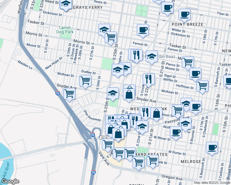 map of restaurants, bars, coffee shops, grocery stores, and more near 2520 Snyder Avenue in Philadelphia