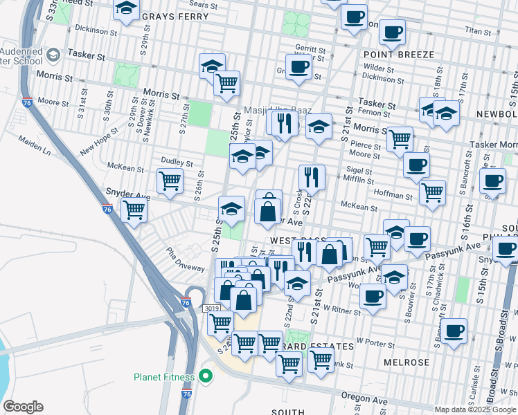 map of restaurants, bars, coffee shops, grocery stores, and more near 2034 South Bucknell Street in Philadelphia