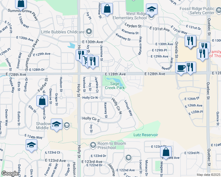 map of restaurants, bars, coffee shops, grocery stores, and more near 12740 Jasmine Street in Thornton