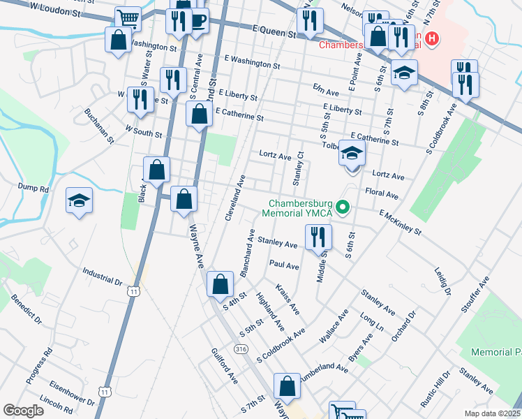 map of restaurants, bars, coffee shops, grocery stores, and more near 359 East Garfield Street in Chambersburg