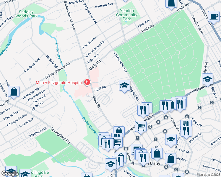 map of restaurants, bars, coffee shops, grocery stores, and more near 129 Branford Road in Darby