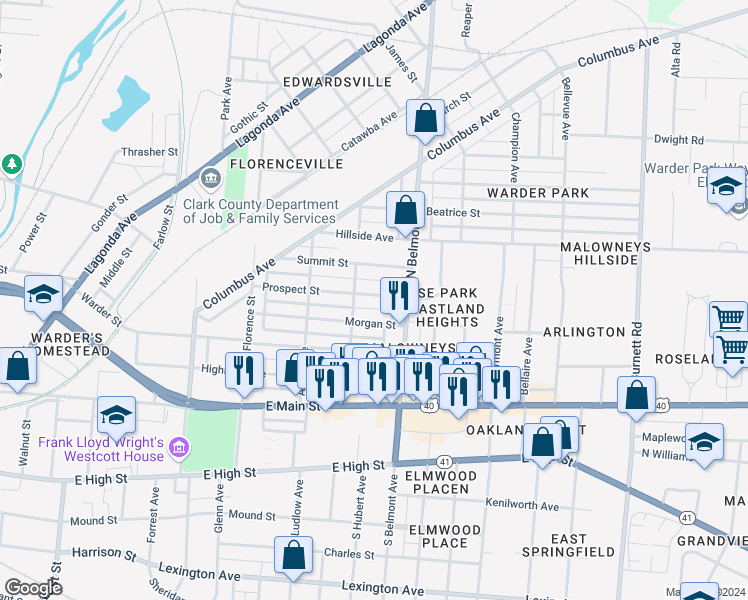 map of restaurants, bars, coffee shops, grocery stores, and more near 1821 Prospect Street in Springfield